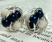 Petrol / silver Star Dust - Mix It Up Series- Swarovski Glass Pearl and Stardust bead Wire Wrapped Stud Earrings