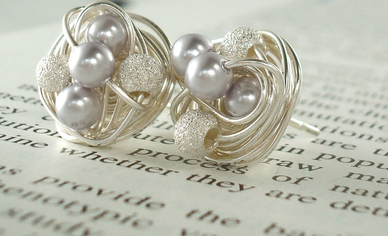 Lavender/Star Dust - Mix It Up Series- Swarovski Glass Pearl and Stardust bead Wire Wrapped Stud Earrings