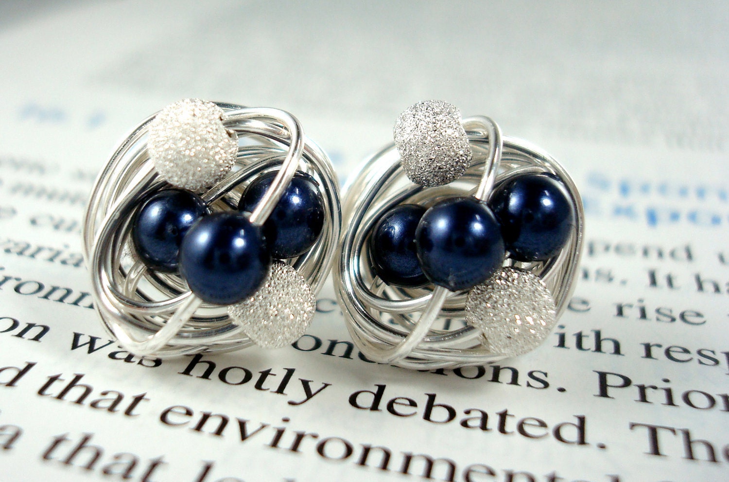 Navy/Star Dust - Mix It Up Series- Swarovski Glass Pearl and Stardust bead Wire Wrapped Stud Earrings