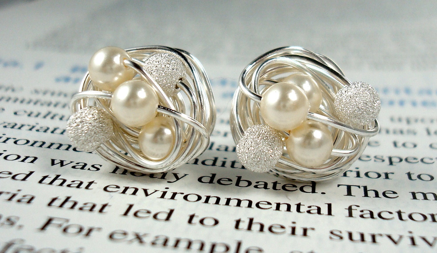 Cream/Star Dust - Mix It Up Series- Swarovski Glass Pearl and Stardust bead Wire Wrapped Stud Earrings