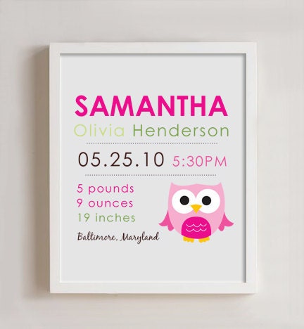 8 x 10 - Custom Birth Announcement Print - OWL wall art Il_170x135