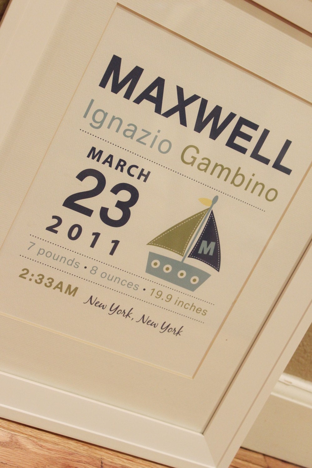 Sailboat Nursery Birth Announcment Wall art 8x10 Il_570xn