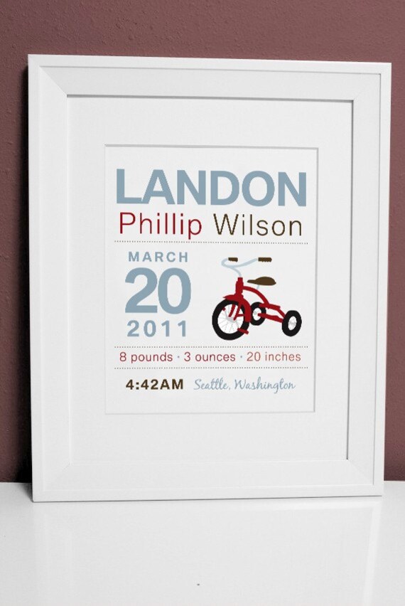 8 x 10 - Custom Birth Announcement Print - Tricycle Wall art Il_570xn