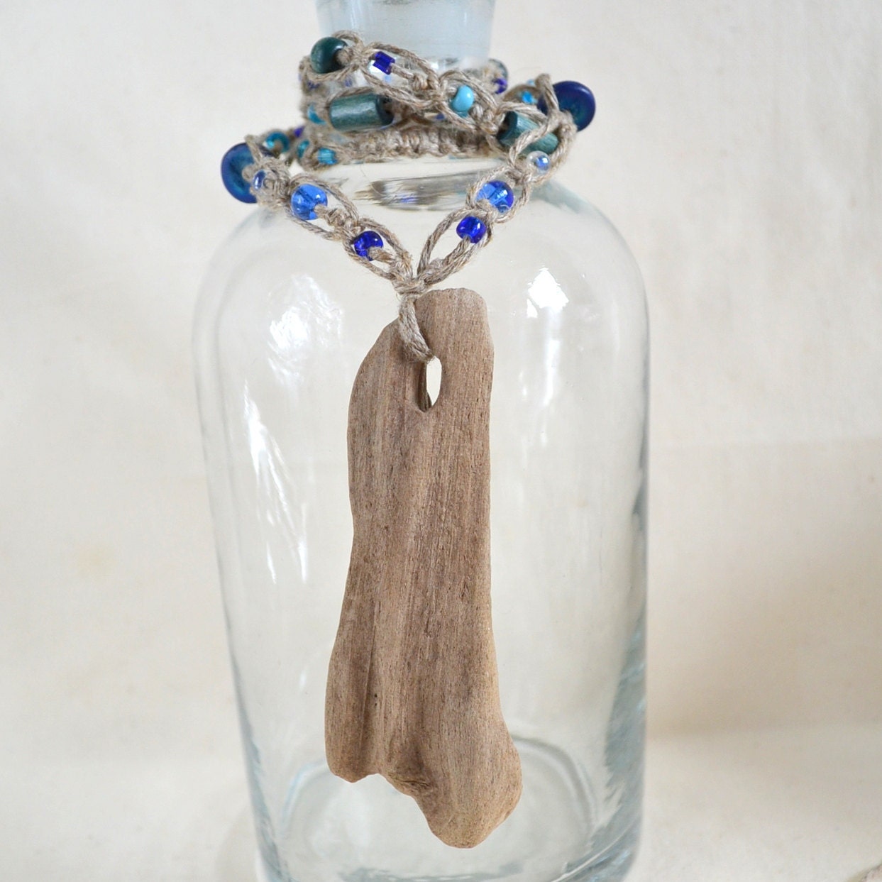 Beach Wood Necklace Long Hemp. High End Organic Jewelry. Driftwood Pendant w/ Blue Glass & Wood Beads"Ocean Adrift" Woman unique OOAK HHM