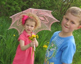 30" Baby Pink Diamond Lace Crochet UMBRELLA PARASOL, Sunbrella, Mothers Day Wedding- READY To Ship