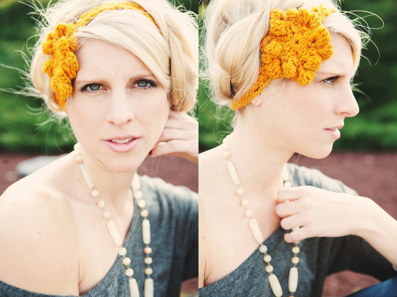 Crochet Headband Flower in Sunset Golden Yellow.