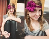 Crocheted Headband in Raspberry Magenta  with Multi Petal