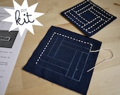 Embroidery Kit: DIY Sashiko Coaster and Placemat Set, Shizuka Tea for Two, gray backing