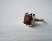 SALE Emerald Cut Garnet and Sterling Silver Ring with 14kt Gold Accent Size 6