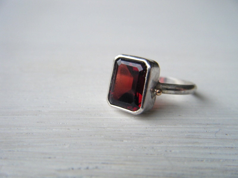 SALE Emerald Cut Garnet and Sterling Silver Ring with 14kt Gold Accent Size 6