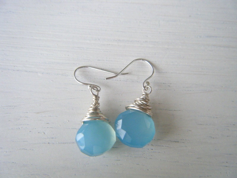 Aqua Blue Chalcedony and Sterling Silver Drop Earrings