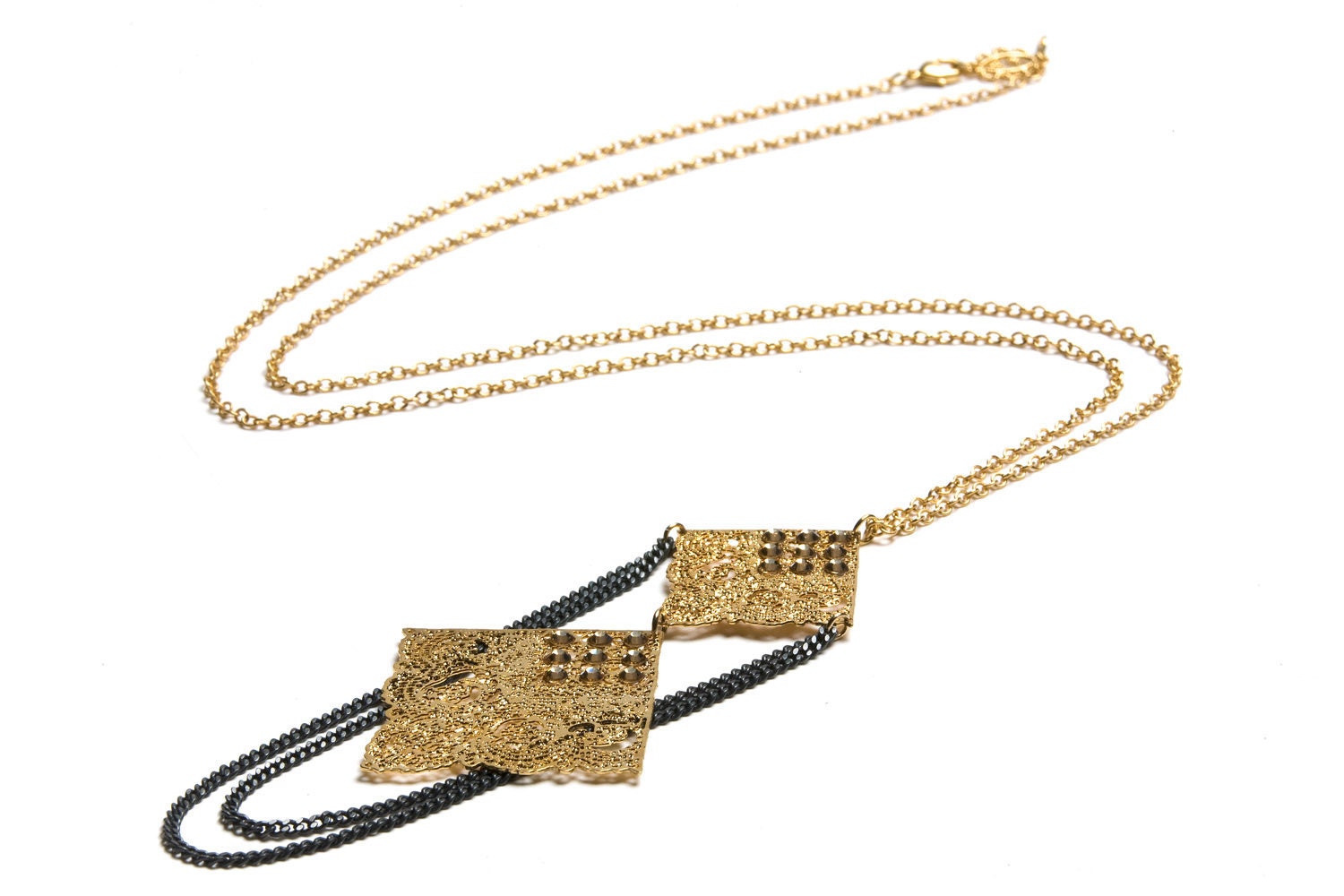 24 karat gold Double Fan Square chain Metal Lace long  Metal Lace pendant
