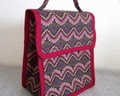 Insulated Lunch Bag - Maroon with Flowers - Chevron Pattern