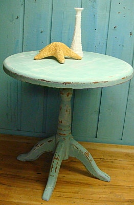 Round Side Table in Seafoam Turquoise Shabby Chic Beach House Style