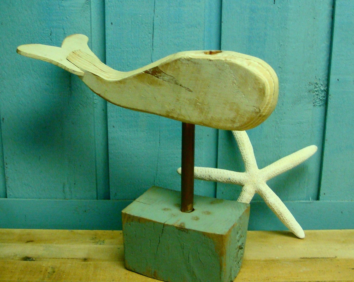 Weathered Ivory Wood Whale on a Pedestal Candle Holder Beach House Home Decor