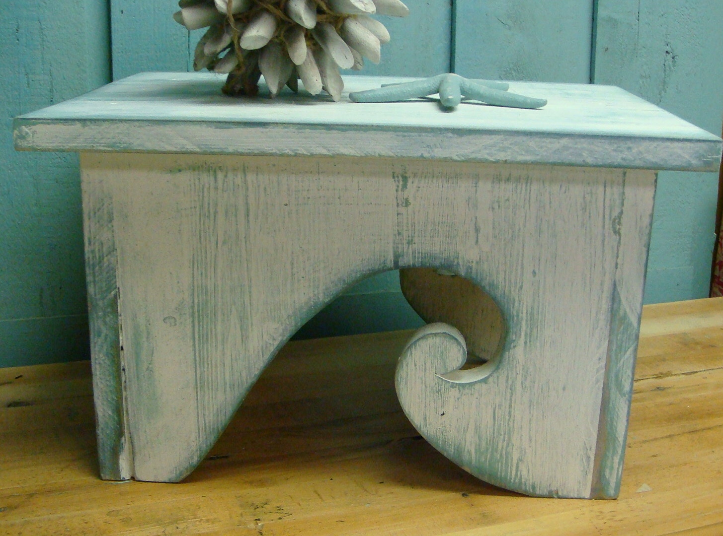 Waves Step Stool Footstool Bench White Turquoise Ocean Beach House