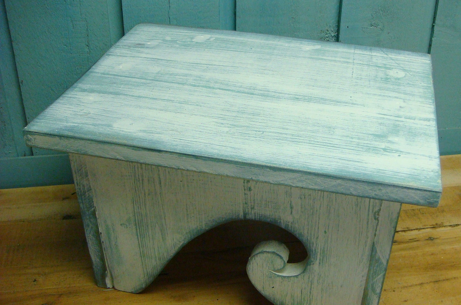 Waves Step Stool Footstool Bench White Turquoise Ocean Beach House