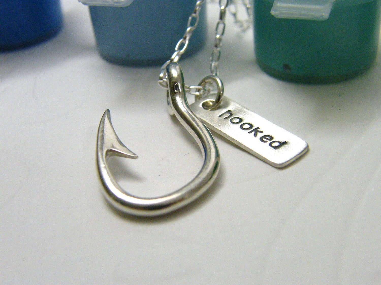 hooked fish hook sterling silver necklace with hand stamped tag unisex mens fathers day