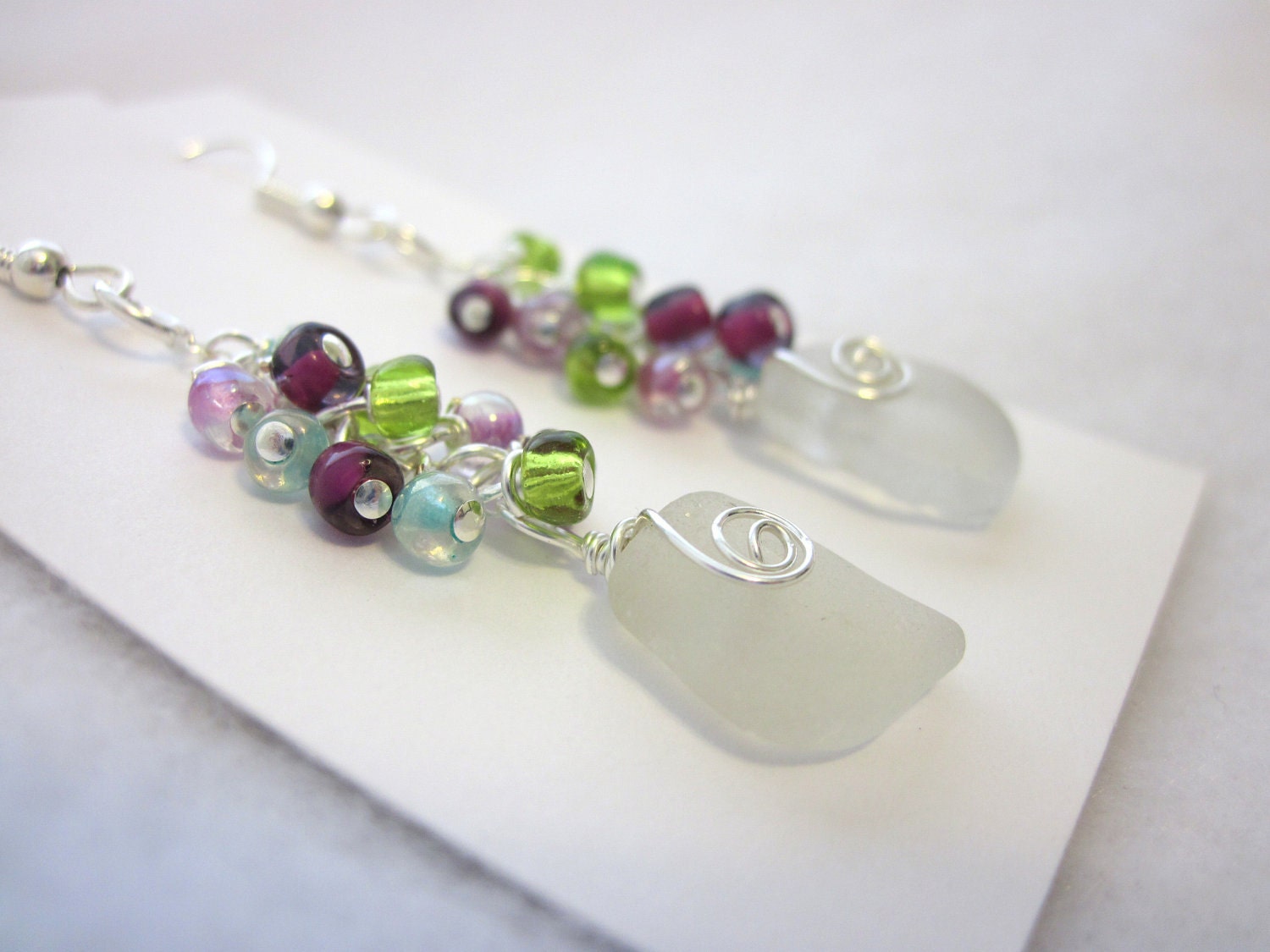 Sea Glass Earrings, White Sea Glass Earrings, Drilled Sea Glass Earrings, Bangle Earrings, Swarovski, Sea Glass Jewelry