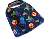 Baby Boy Bib in Flannel with Aliens and Robots in Navy and Red