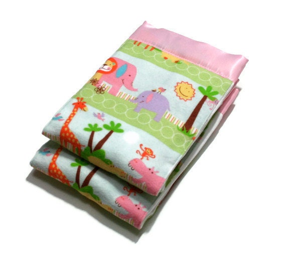 Baby Girl Premium Burp Cloth Set with Zoo Animals in Pink and Green