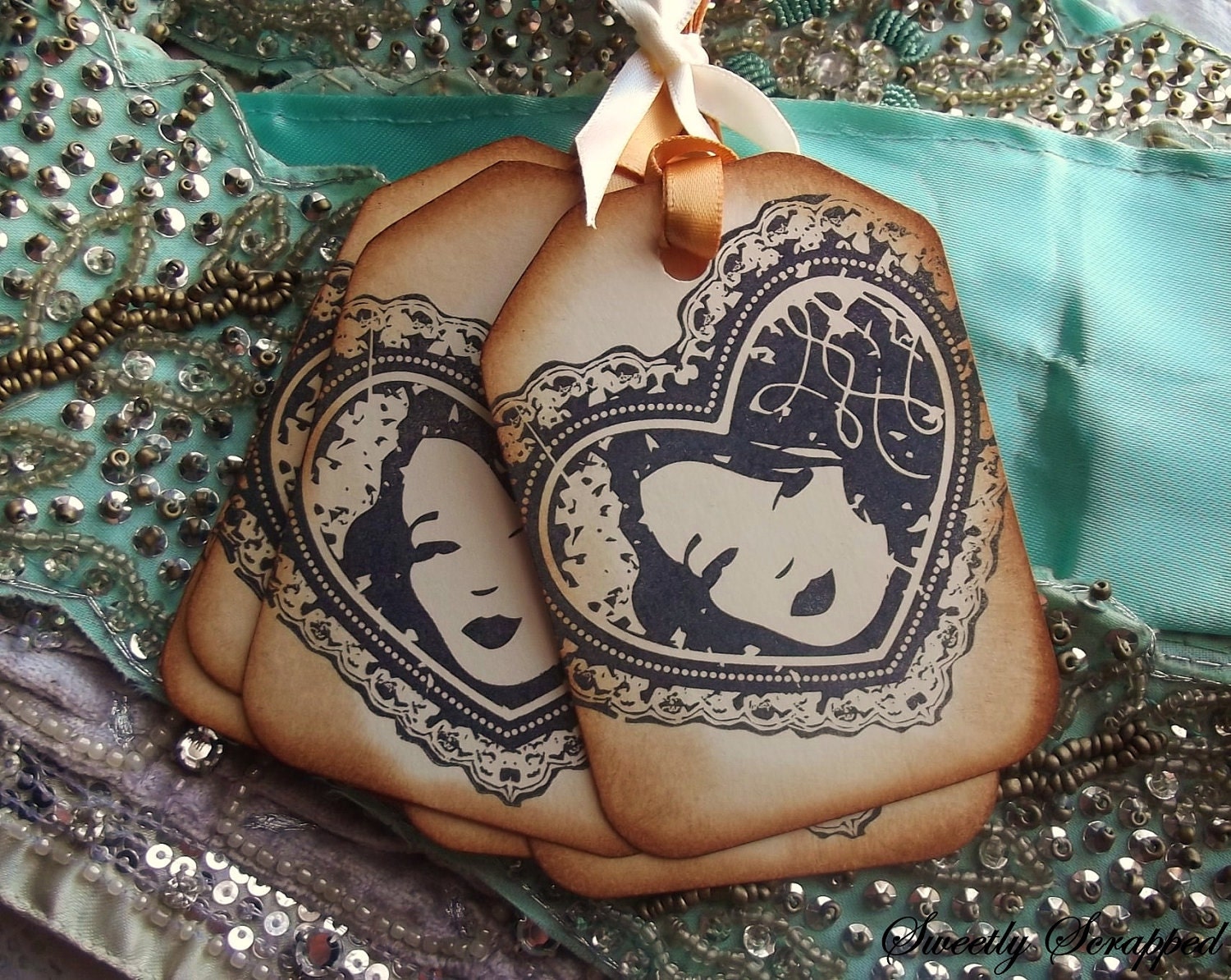 Vintage and Shabby Chic Lady Tags with Heart Doily, Black, Cream and Gold Ribbon 6