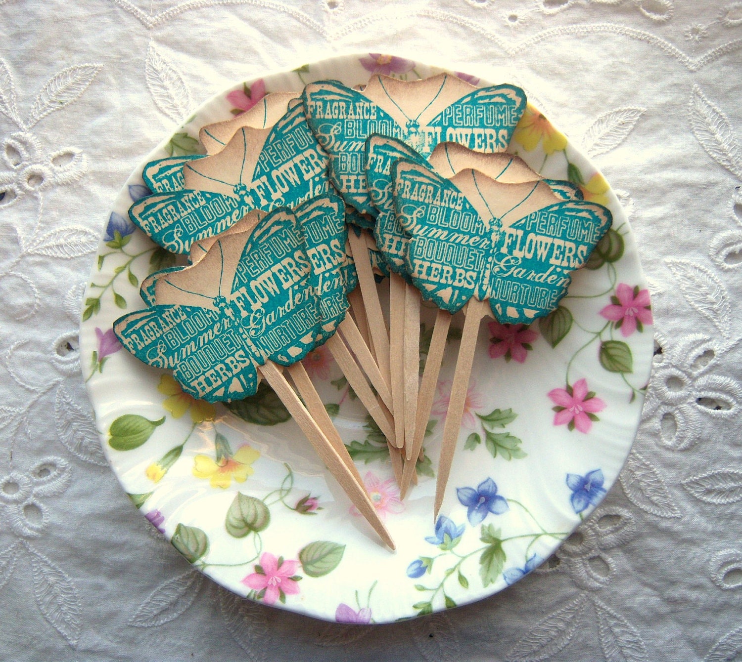 Butterfly Party Picks Shabby Vintage Inspired Aqua Hand Aged