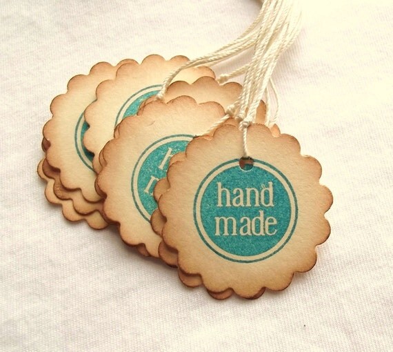 Handmade Hang Tags - Circle Tags, Scalloped, Vintage Inspired, Teal, Aqua Blue 10
