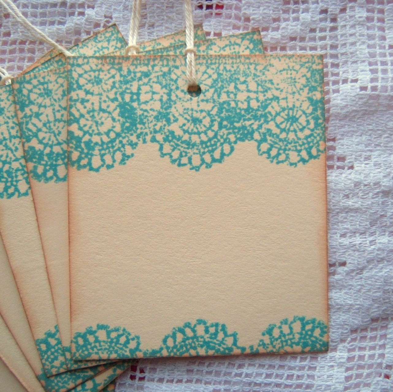LACE Stamped Gift Tags - Aqua, Teal, Blue ...Vintage Inspired, Shabby