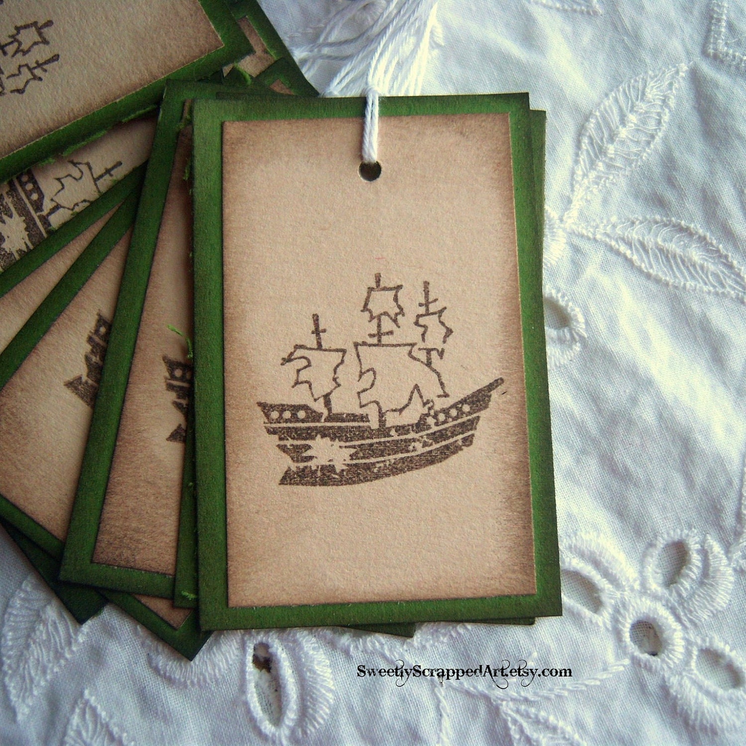 Vintage Inspired SHIP Hang Tags, Green and Cream