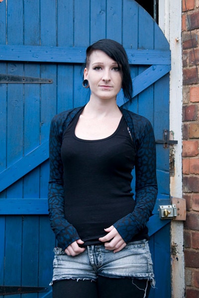 CUSTOM SIZE black and teal leopard bolero shrug