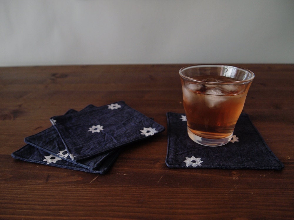 Navy "Etoile" Coasters - Set of 4, White Stars on Indigo Feed Sack Cotton Fabric