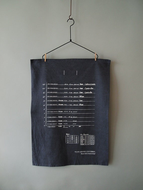 Handy Kitchen Conversion Chart Tea Towel - White on Washed Blue