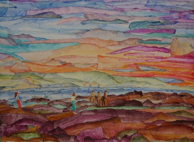 Original mixed media collage in art nouveau style of Laguna Beach, California in the Sixties, 20" x 15"