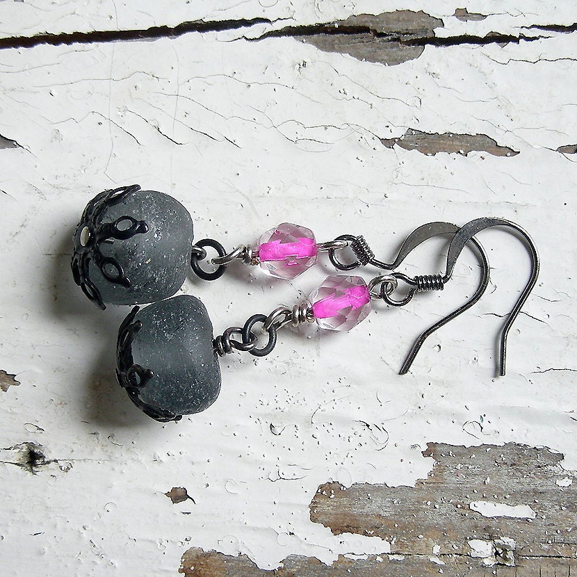 Nice for Spring - Hot Pink & Gray Glass Bead Dangle Earrings - Shiny Crystal and Matte Recycled Glass - Jewelry under 25