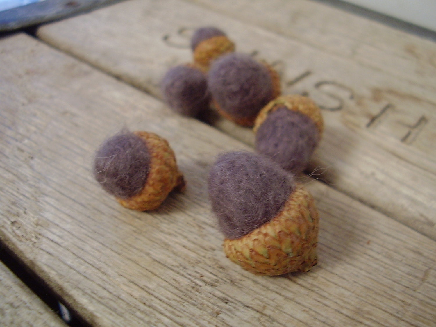 Felted wool acorns, set of 6, steel grey