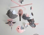 Baby Crib Mobile - Baby Mobile - Mobile - Crib mobiles - Felt Mobile - Nursery mobile - " Grey and pink owl and bird " design
