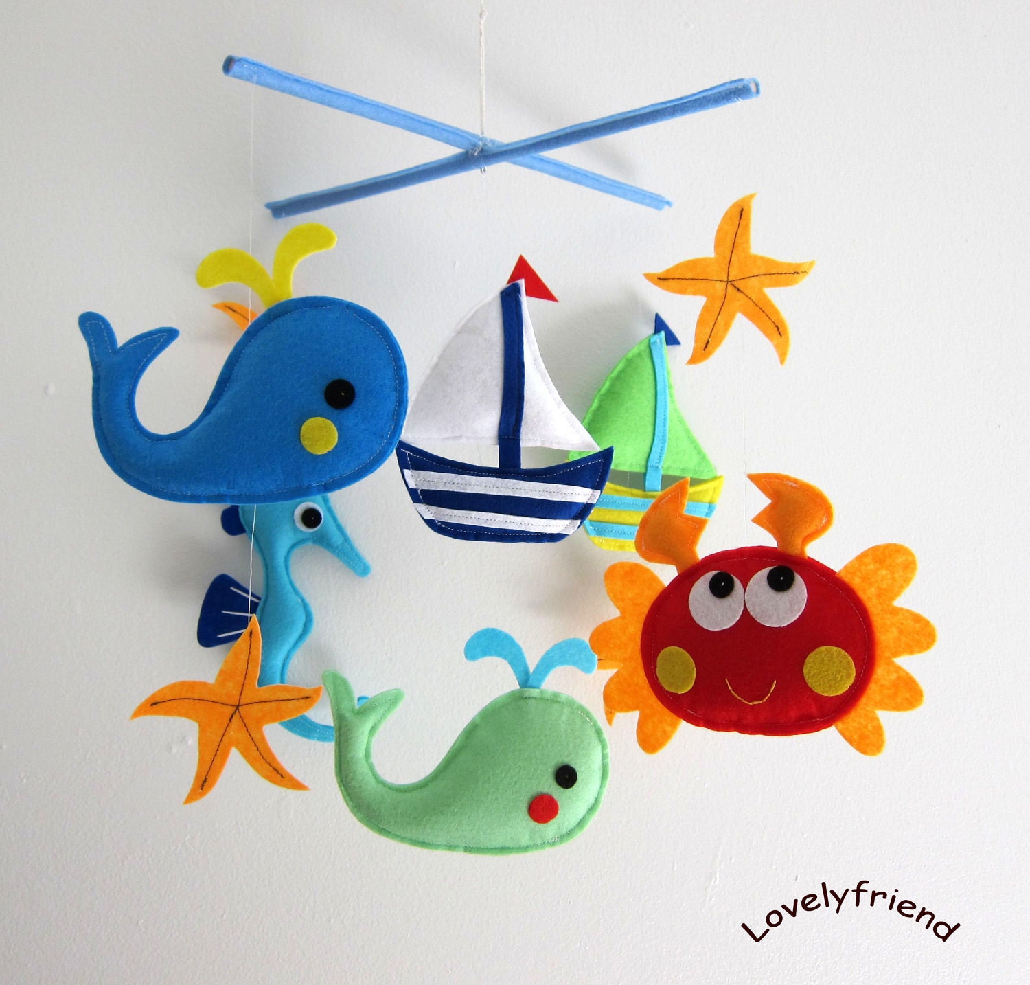 Baby Crib Mobile - Baby Mobile - Felt Mobile - Nursery mobile - " whale, crab, seahorse, sailboat" design (Custom Color Available)