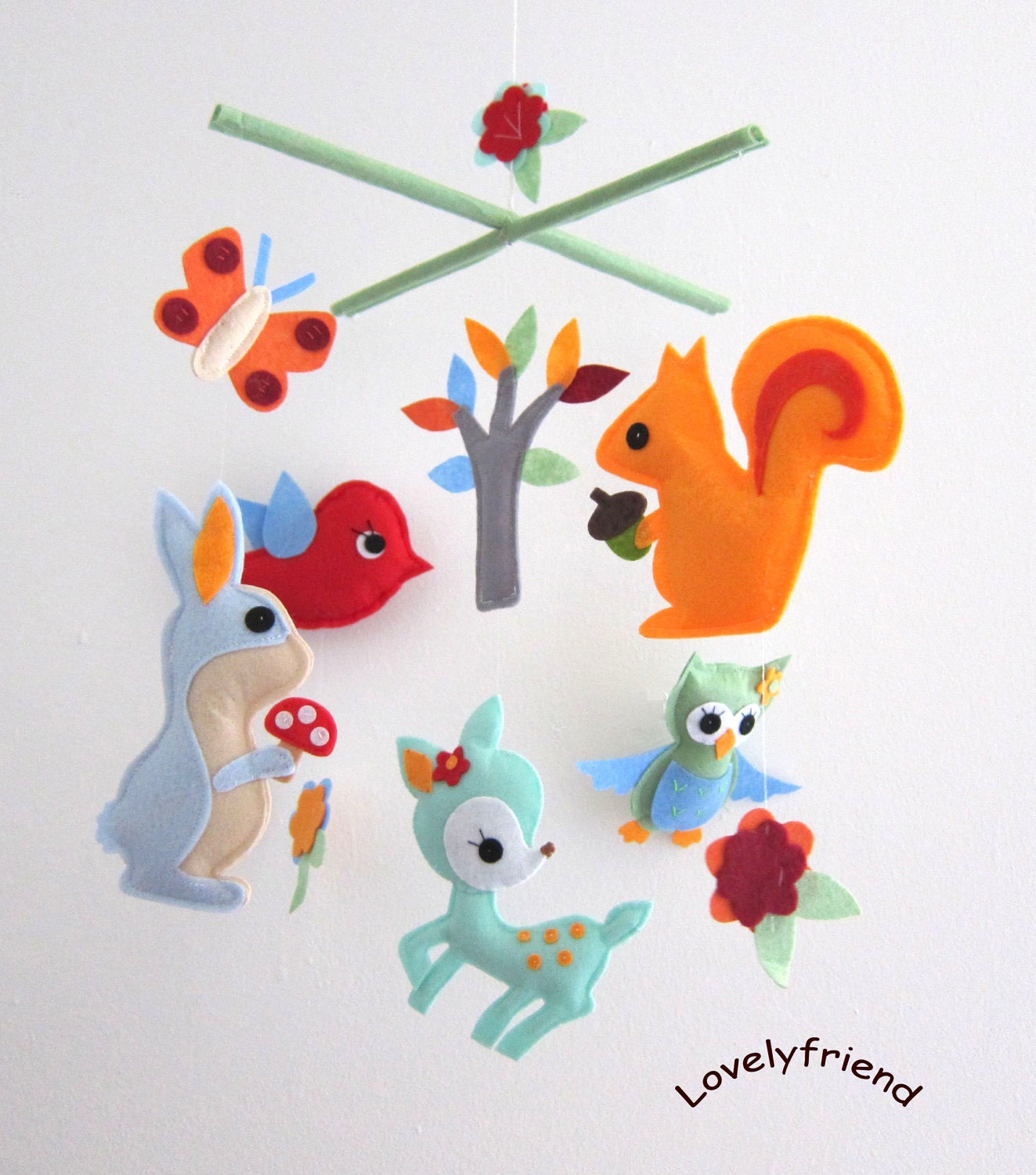 Baby Crib Mobile - Baby Mobile - Felt Mobile - Nursery mobile - " Woodland fawn,rabbit, owl ,bird, squirrel" design (Custom Color Available)