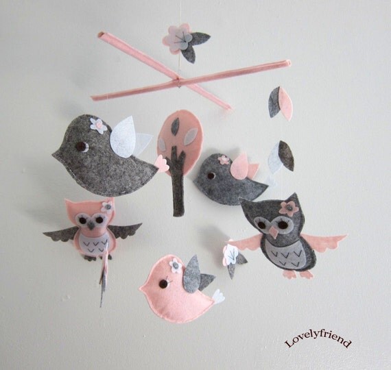Baby Crib Mobile - Baby Mobile - Mobile - Crib mobiles - Felt Mobile - Nursery mobile - " Grey and pink owl and bird " design