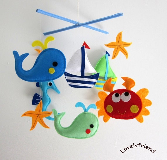 Baby Crib Mobile - Baby Mobile - Felt Mobile - Nursery mobile - " whale, crab, seahorse, sailboat" design (Custom Color Available)