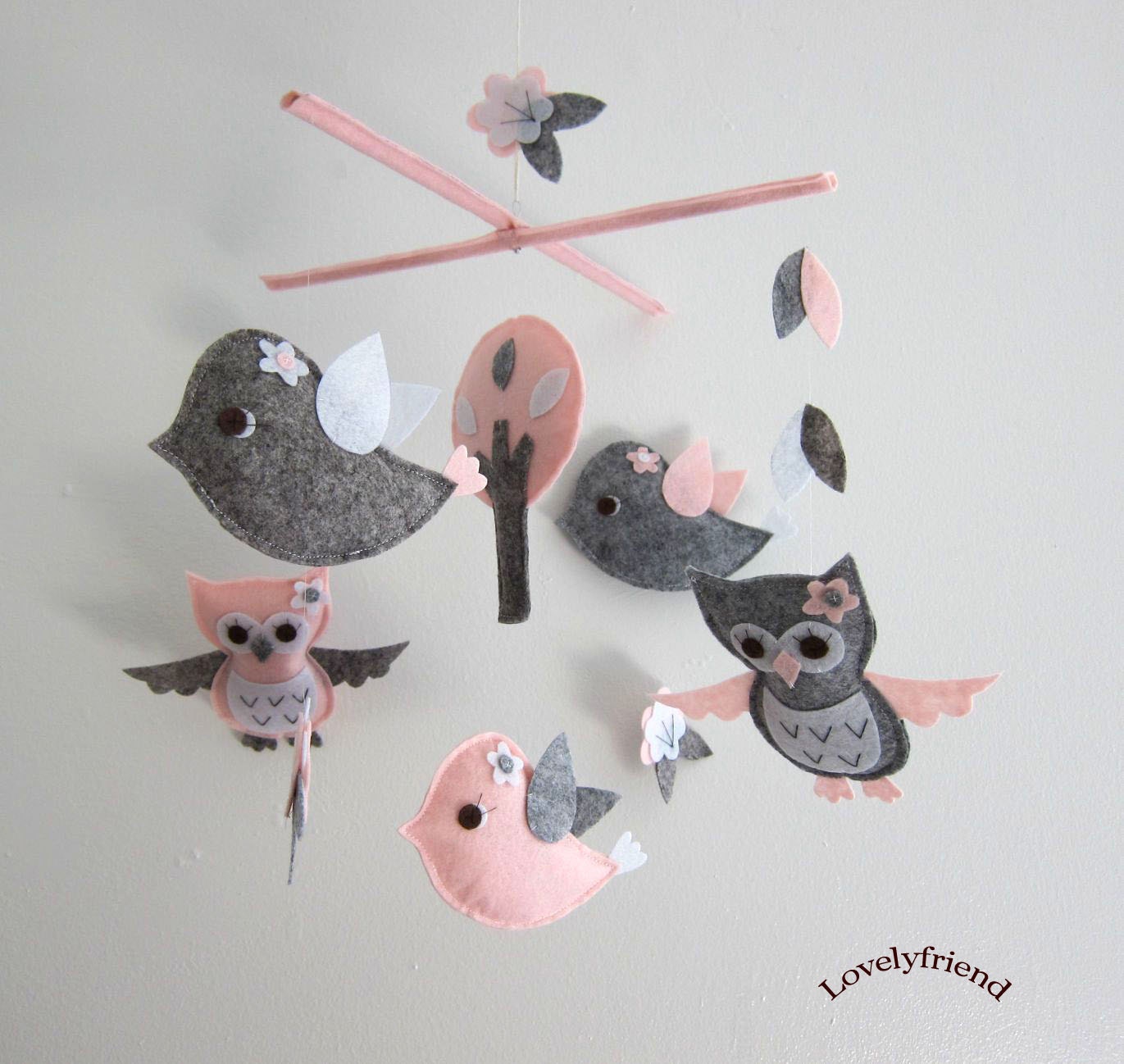 Baby Crib Mobile - Baby Mobile - Mobile - Crib mobiles - Felt Mobile - Nursery mobile - " Grey and pink owl and bird " design