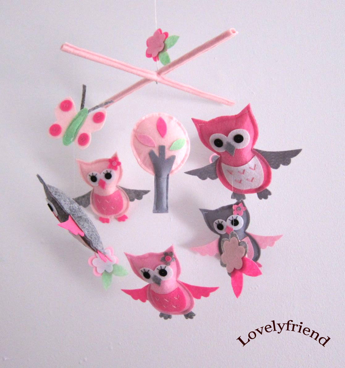 Baby Crib Mobile - Baby Mobile - Mobile - Crib mobiles - Felt Mobile - Nursery mobile - Light grey and Pink Owl (Custom Color Available)