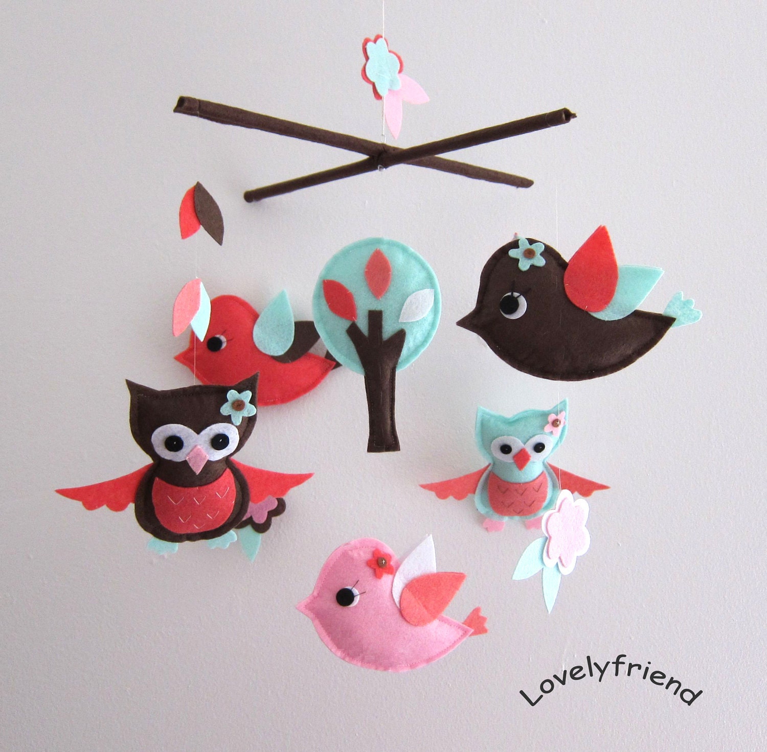 Baby Crib Mobile - Baby Mobile - Mobile - Crib mobiles - Felt Mobile - Nursery mobile - " American rose Owls and Bird " design