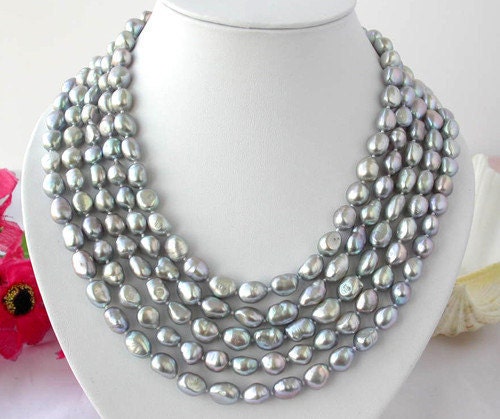 beadwork necklace,bib necklace,statement necklace,bridesmaid gifts,Bead Necklace, Strand Necklace With  gray freshwater pearl