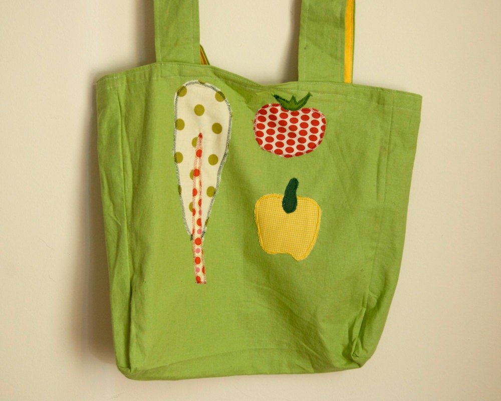 Linen Market Tote Bag Light Green with Tomato, Pepper, Chard