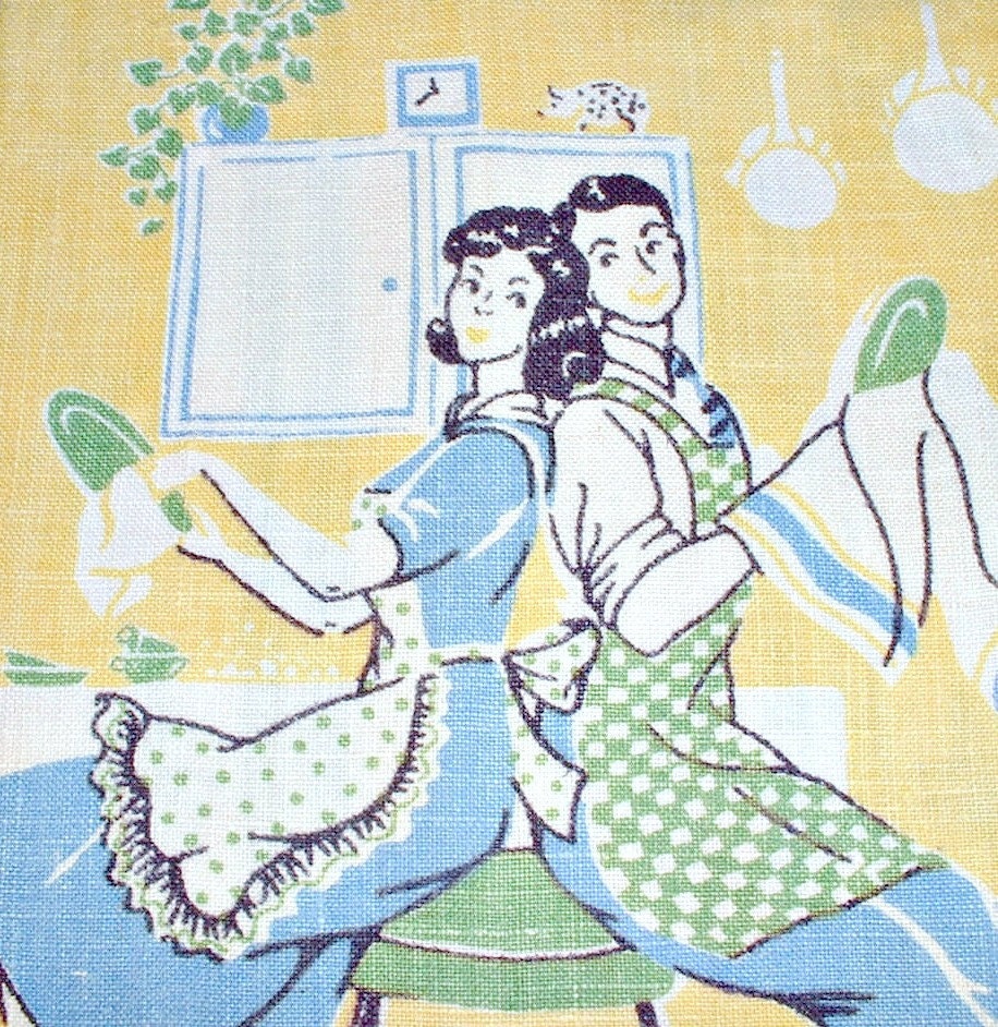 Vintage Towel Jadite Drying Dishes Husband Wife Yellow Green Blue Kitchen 1950's Textile Newlyweds