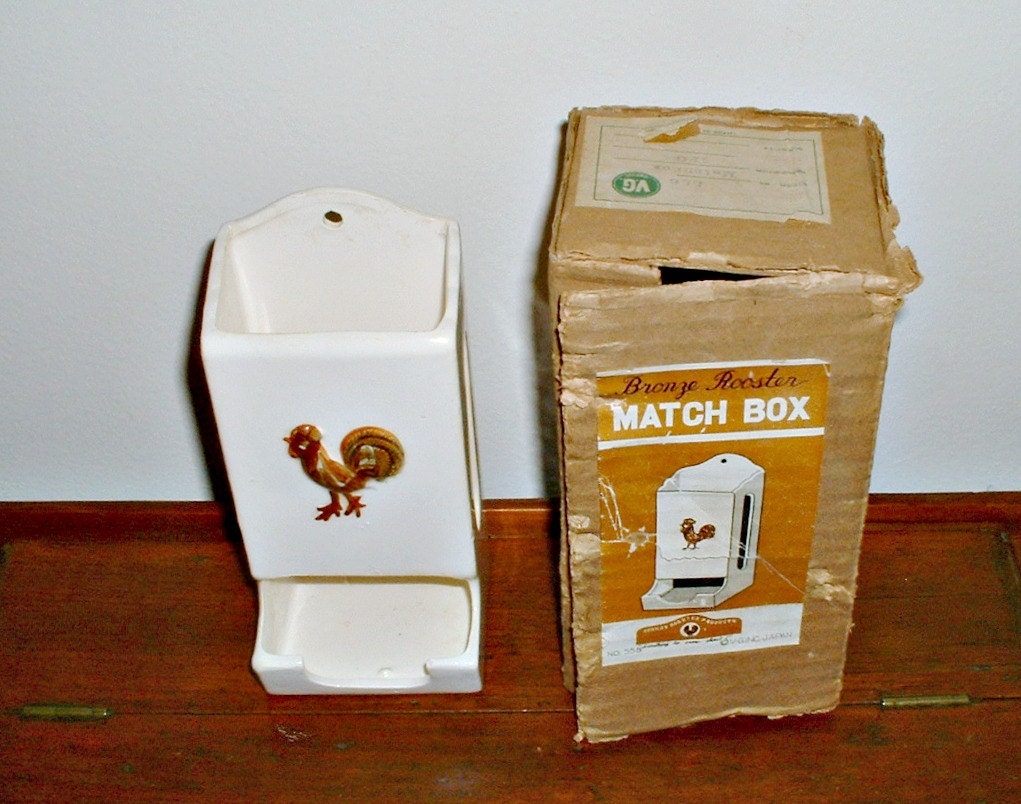Vintage Wall Mount Rooster Match Safe  Holder Japan Original Box 1960s