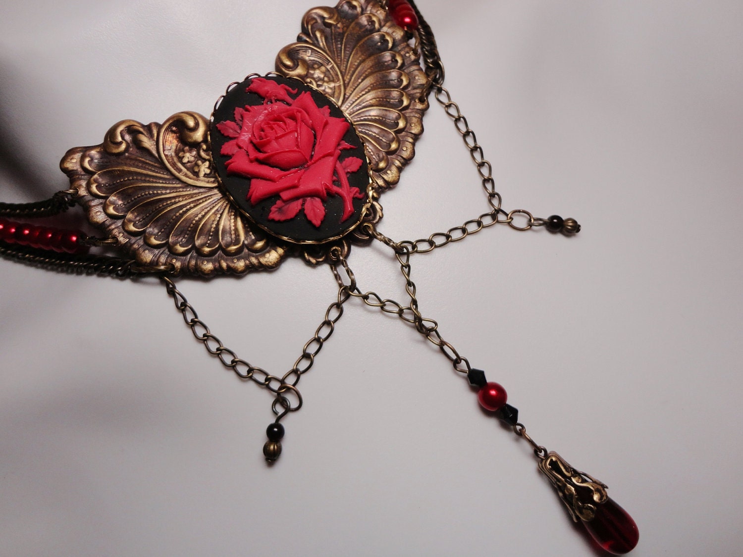 Goddess Wings Choker Necklace - Rose Red and Black Cameo on Ox Brass Wings with Faux Pearls and Chain by Dr Brassy Steampunk