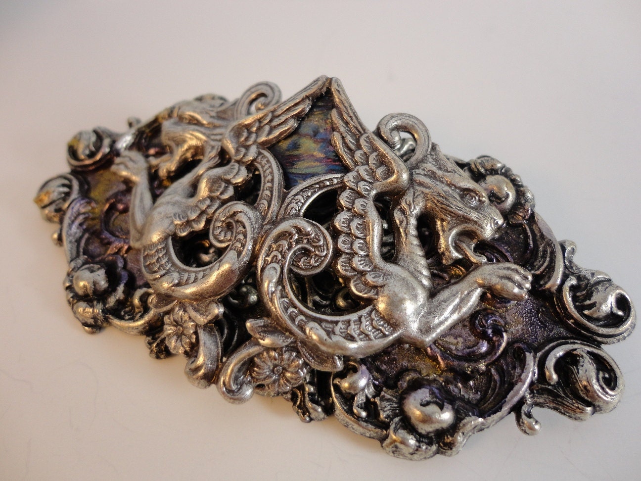 Chimera Twin Dragons Silver Pin Brooch-Spectacular in Antiqued Silver and Purple Amethyst by Dr Brassy Steamington